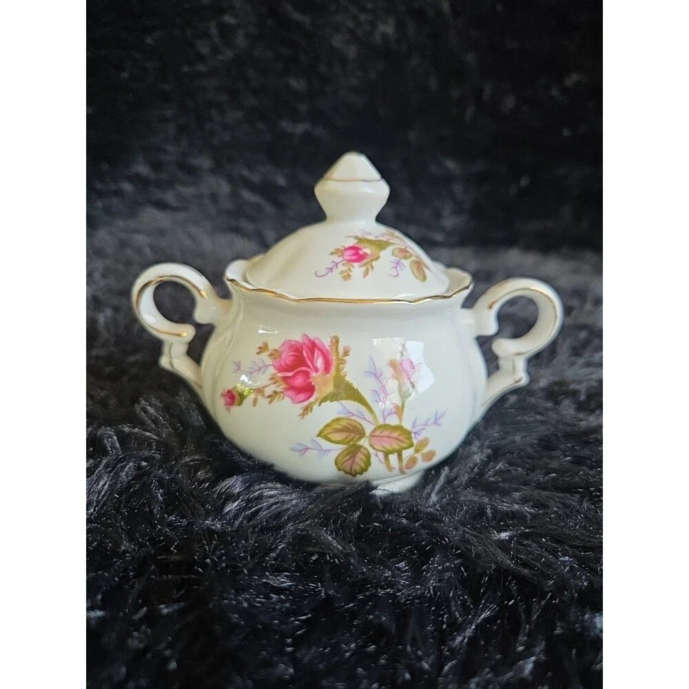 Fred Roberts Moss Rose Sugar & Creamer Set Gold Trim Vintage